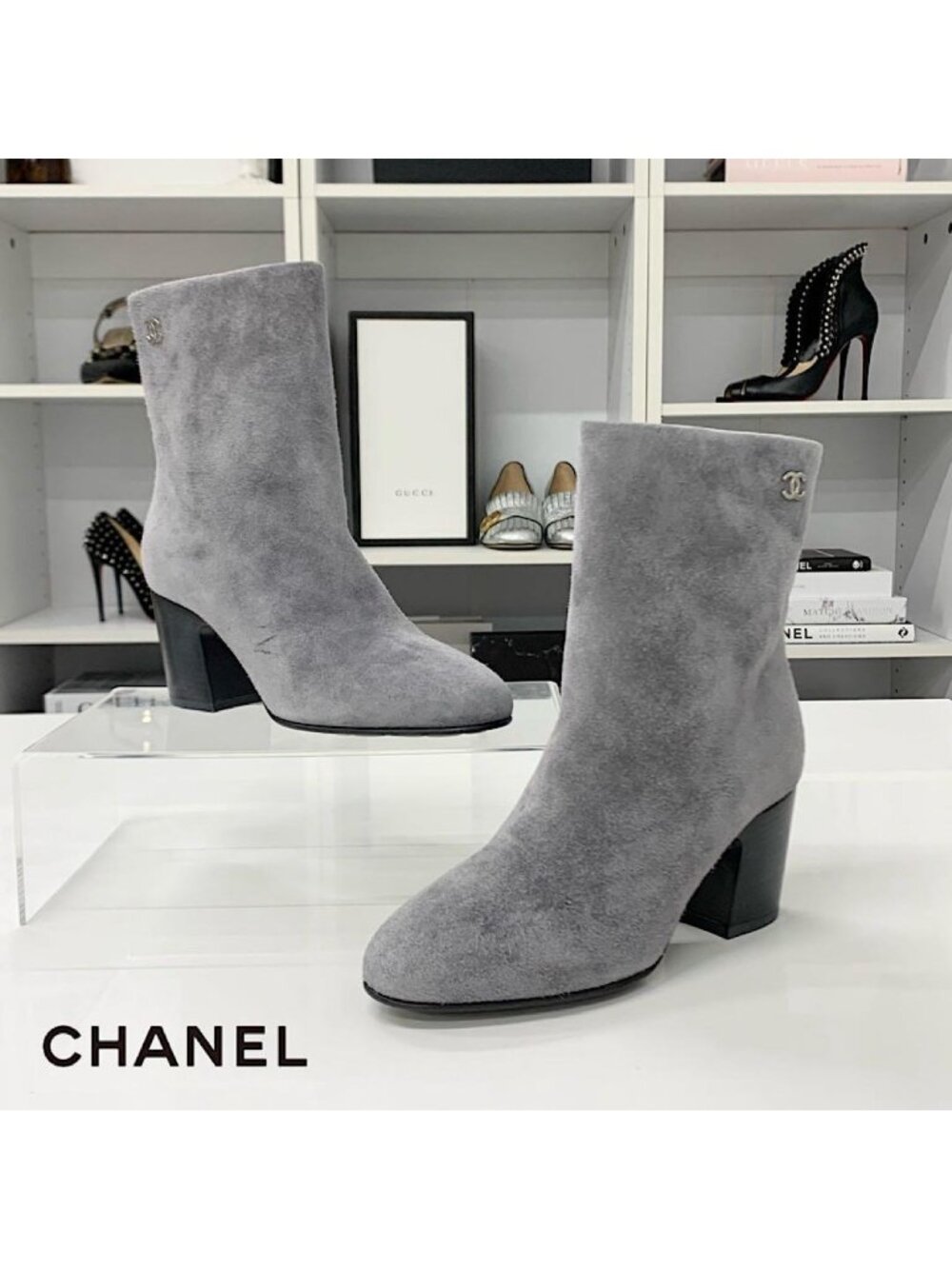 Chanel CC Logo Suede Short Boots Gray